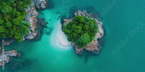 Aerial View of Lush Tropical Island with White Sand Beach and Turquoise Water