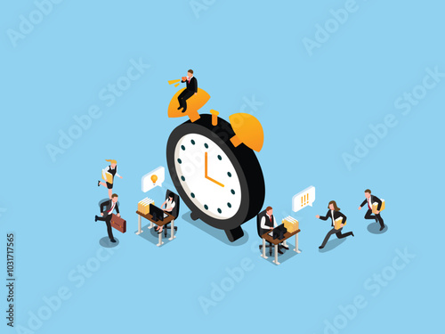 An isometric illustration depicting a group of busy professionals working around a giant alarm clock