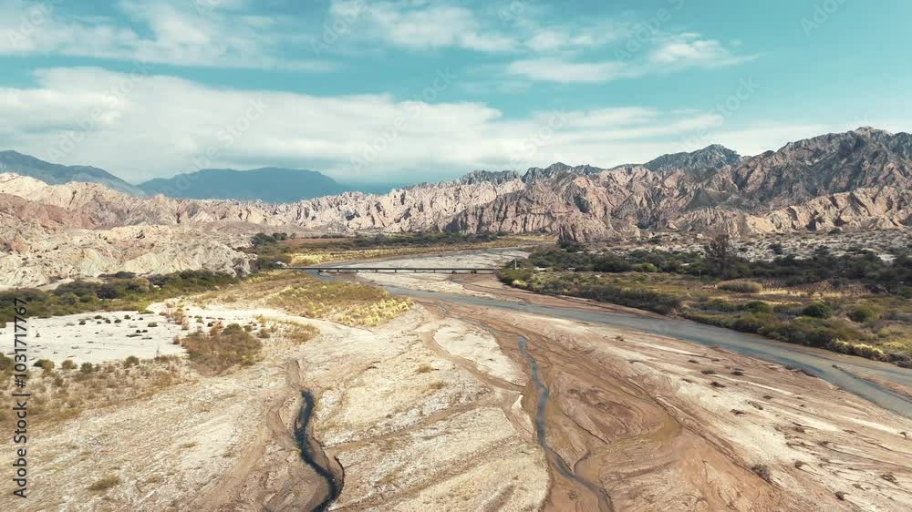Aerial view of the bridge over Route 40 and the Cachalqui River in the Quebrada de las Flechas, Salta province, Argentina.