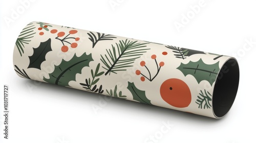 A rolled-up scroll of Christmas wrapping paper with festive patterns, isolated on a clean white surface