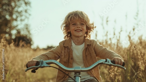 A cheerful child rides a bicycle along a sun-drenched path, surrounded by tall grasses, embodying freedom and joy in this idyllic outdoor setting. photo