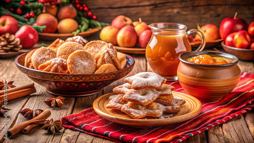 Christmas pastries with apple cider and festive decorations Christmas pastries with apple cider and festive decorations