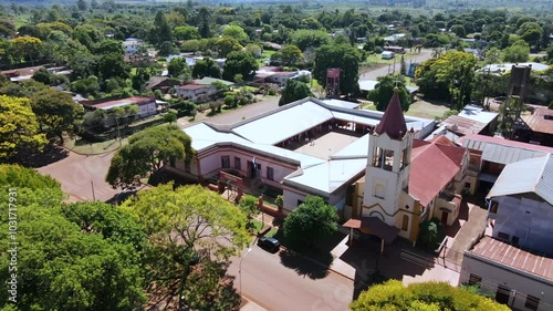 Aerial view of the school and cathedral in Concepción de la Sierra, Misiones. photo