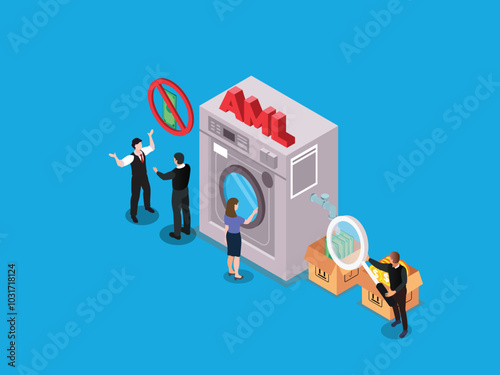 An isometric illustration depicting a group of people working together to prevent money laundering. A large washing machine labeled "AML" represents the process of detecting and preventing illicit fin