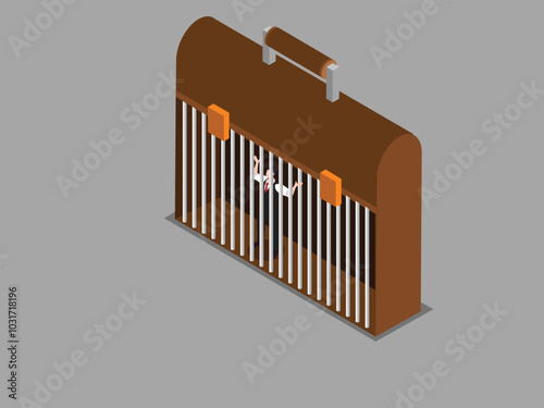 An isometric illustration depicting a businessman trapped inside a briefcase, symbolizing the feeling of being confined or restricted by work obligations