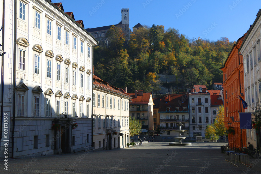 Fototapeta premium Picturesque historical buildings in central Ljubljana, capital of Slovenia. Autumnal foliage on the trees.