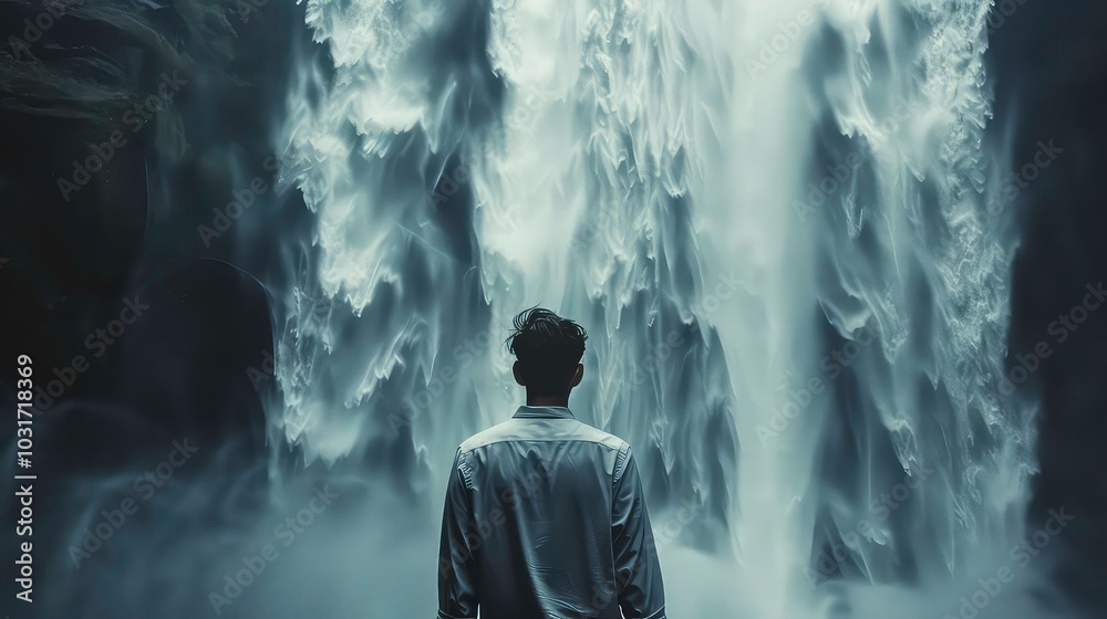 Obraz premium A Man Stands Silhouetted Before a Cascading Waterfall