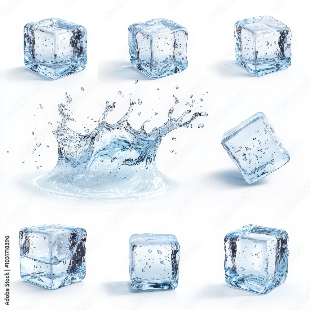Ice Cubes Splashing Water Collection Isolated on White Background Ice Cubes Splashing Water Collection Isolated on White Background