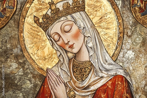 Saint AEthelthryth, depicted in an intricately designed medieval manuscript, showcases her regal attire and serene expression, embodying devotion and s