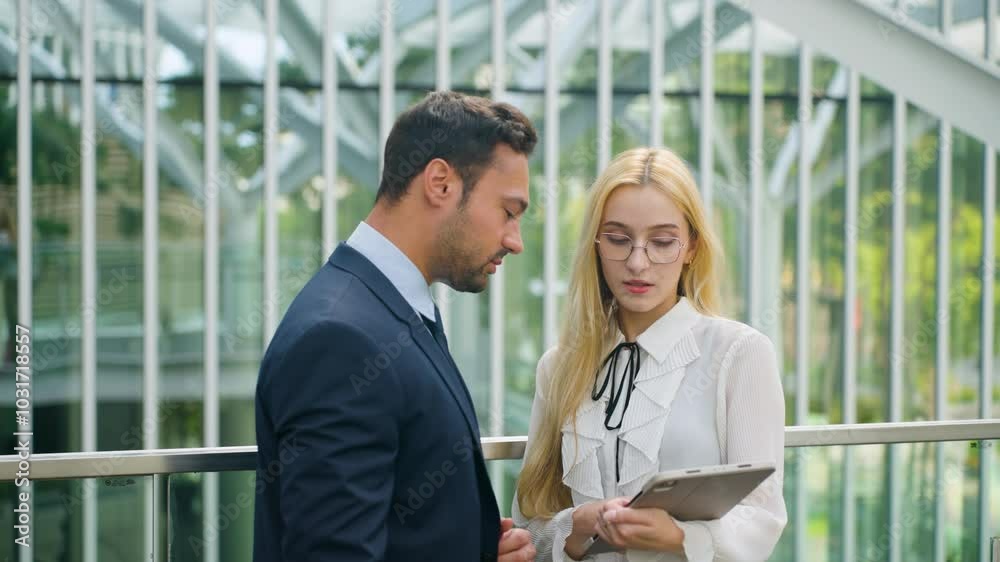 Businessman and woman are discussing business operations using tablet outdoors - portrait shot. Ceo Talking With Secretary at Modern Office Building Terrace Businessman and woman are discussing business operations using tablet outdoors - portrait shot. Ceo Talking With Secretary at Modern Office Building Terrace
