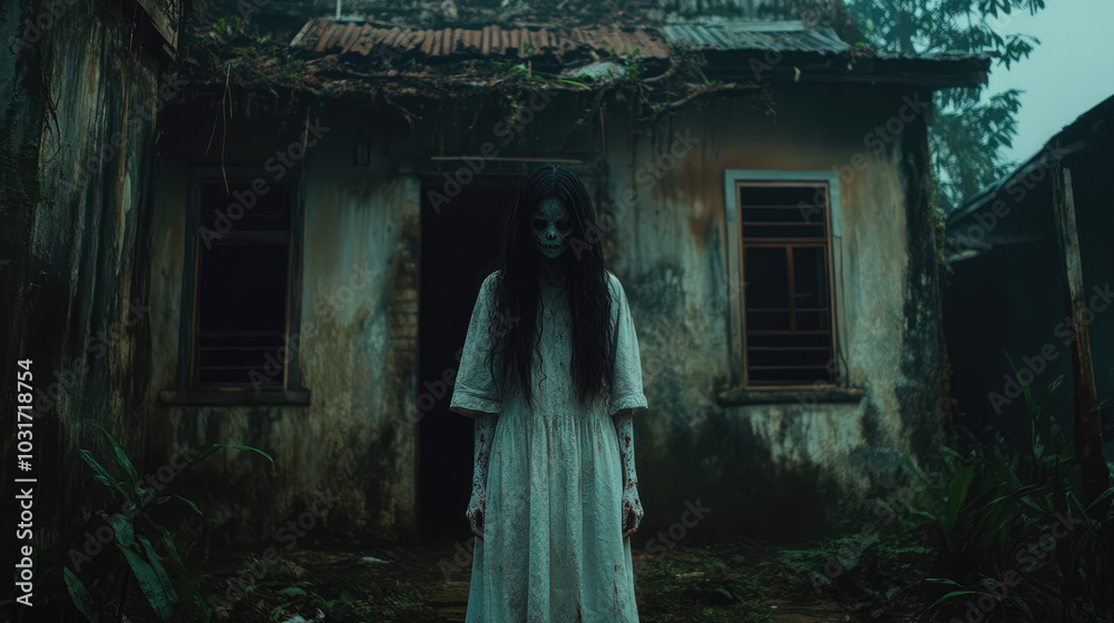 In front of a decaying house, a ghostly figure with hollow eyes and a cracked face faintly glows, the air thick with eerie silence and creeping shadows. In front of a decaying house, a ghostly figure with hollow eyes and a cracked face faintly glows, the air thick with eerie silence and creeping shadows.