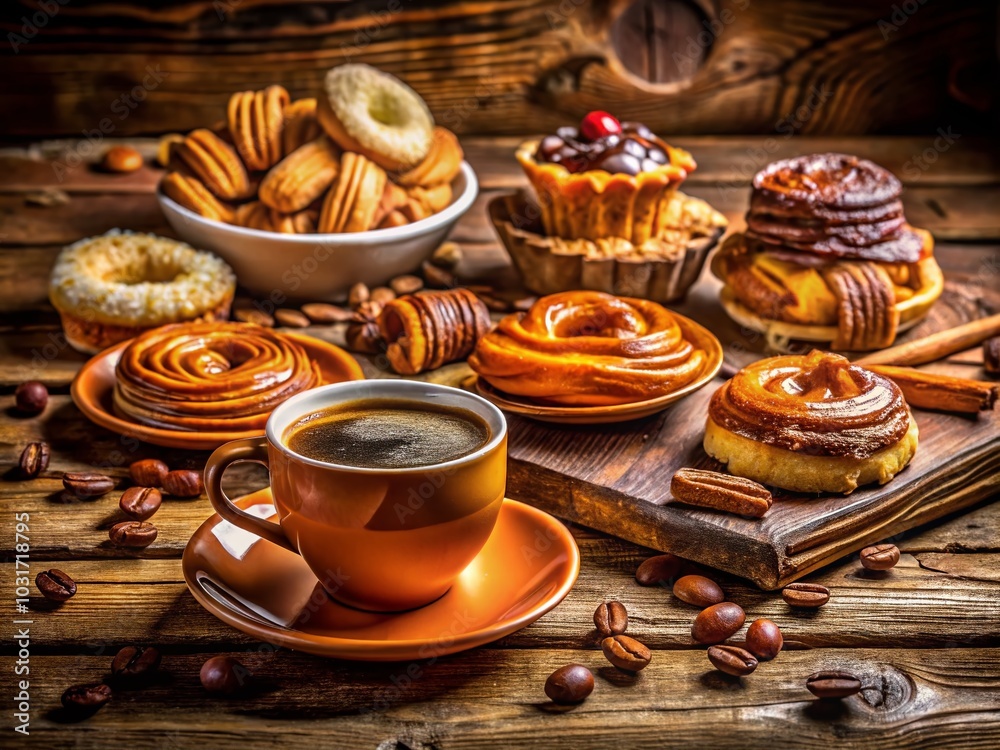 Traditional Spanish Coffee Cup with Pastries on Rustic Background - Perfect for Food Photography Traditional Spanish Coffee Cup with Pastries on Rustic Background - Perfect for Food Photography