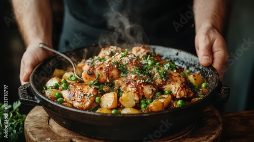 A mouth-watering dish of sizzling chicken thighs with potatoes and peas is freshly garnished with herbs, served in a black skillet, exuding appetizing aroma.