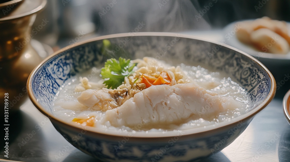 A steaming bowl of rice porridge topped with herbs and spices, offering a comforting and hearty meal. A steaming bowl of rice porridge topped with herbs and spices, offering a comforting and hearty meal.