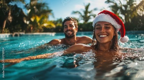 Couple enjoying a sunny day in a pool while celebrating Christmas in tropical paradise