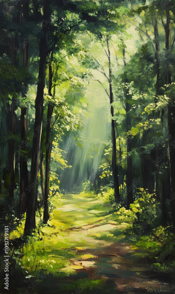 Fototapeta premium 131. A tranquil forest scene with dappled sunlight