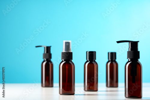 Collection of amber glass bottles with pumps and spray tops on a light blue background