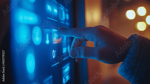 A close-up of a hand using a smart home control panel mounted on the wall, adjusting settings for lights, temperature, or security in a modern home