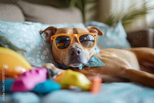 A stylish dog lounges on a couch surrounded by colorful toys. The dog wears fun orange sunglasses, showcasing a playful vibe. Perfect for pet lovers and cheerful design. Generative AI