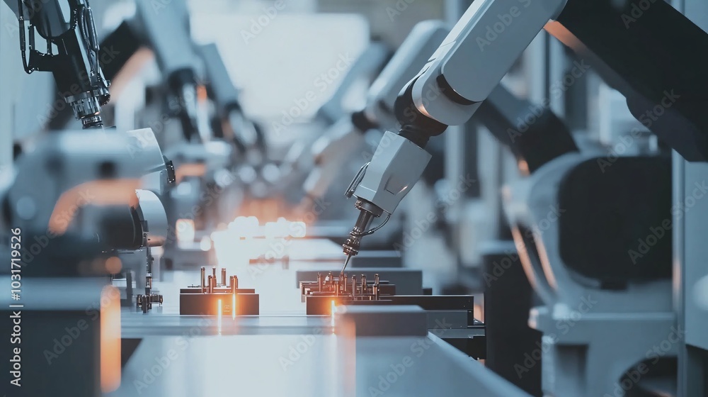 A modern industrial scene featuring robotic arms working on assembly lines, showcasing advanced automation and technology in manufacturing. A modern industrial scene featuring robotic arms working on assembly lines, showcasing advanced automation and technology in manufacturing.