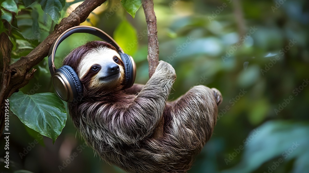 Fototapeta premium Chilled Sloth Relaxing with Oversized Headphones in Lush Greenery