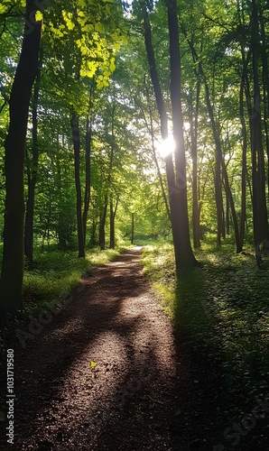 131. A tranquil forest scene with dappled sunlight