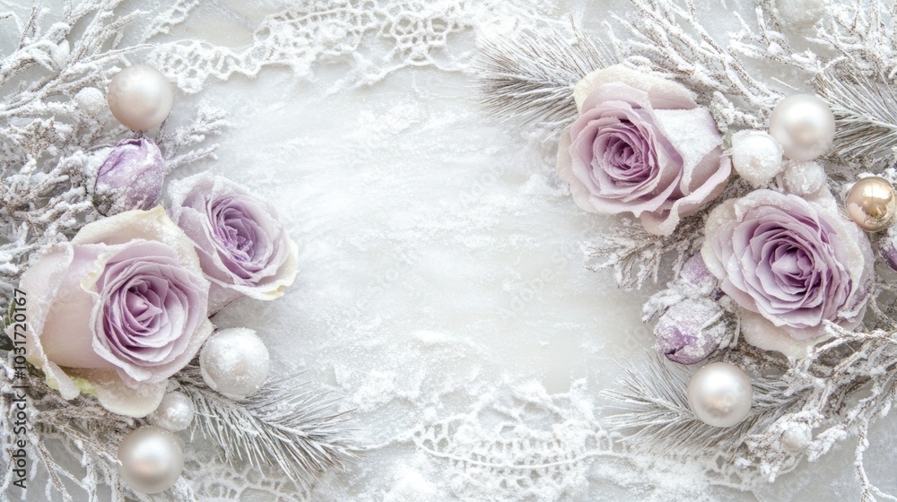A delicate arrangement of lavender roses and decorative elements on a textured background. A delicate arrangement of lavender roses and decorative elements on a textured background.