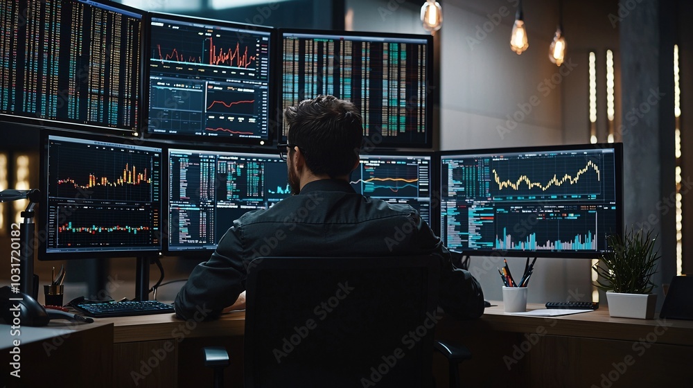 A trader examines a variety of charts and graphs displayed across several screens in a contemporary workspace. A trader examines a variety of charts and graphs displayed across several screens in a contemporary workspace.