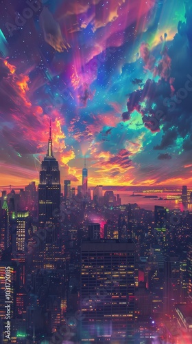 A vibrant sunset over New York City with a cosmic sky and city skyline highlighted by colorful clouds