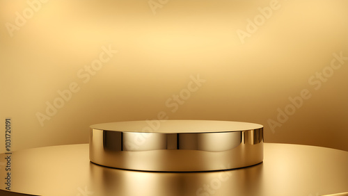One shiny golden bold round podium stage cosmetic product display mock up on big circle stage with gold background scene