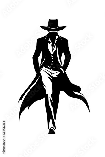 Silhouette of mysterious man in trench coat, Black-and-white silhouette of a mysterious man in a trench coat and hat, walking confidently, evoking noir and detective themes.

