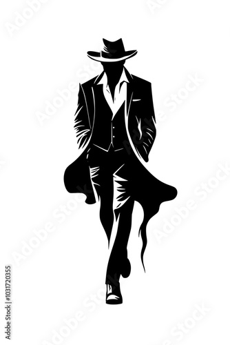 Silhouette of mysterious man in trench coat, Black-and-white silhouette of a mysterious man in a trench coat and hat, walking confidently, evoking noir and detective themes.

