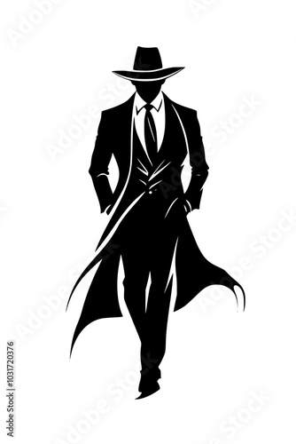 Silhouette of mysterious man in trench coat, Black-and-white silhouette of a mysterious man in a trench coat and hat, walking confidently, evoking noir and detective themes.

