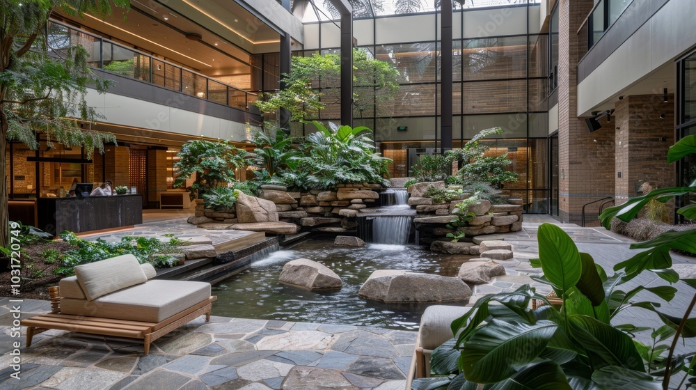 A serene indoor garden featuring a waterfall and lush greenery in a modern architecture space during daylight hours A serene indoor garden featuring a waterfall and lush greenery in a modern architecture space during daylight hours