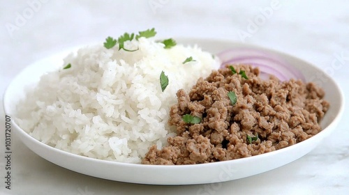 Savory Korean Beef Stew Served with White Rice on Minimalist Ceramic Plate