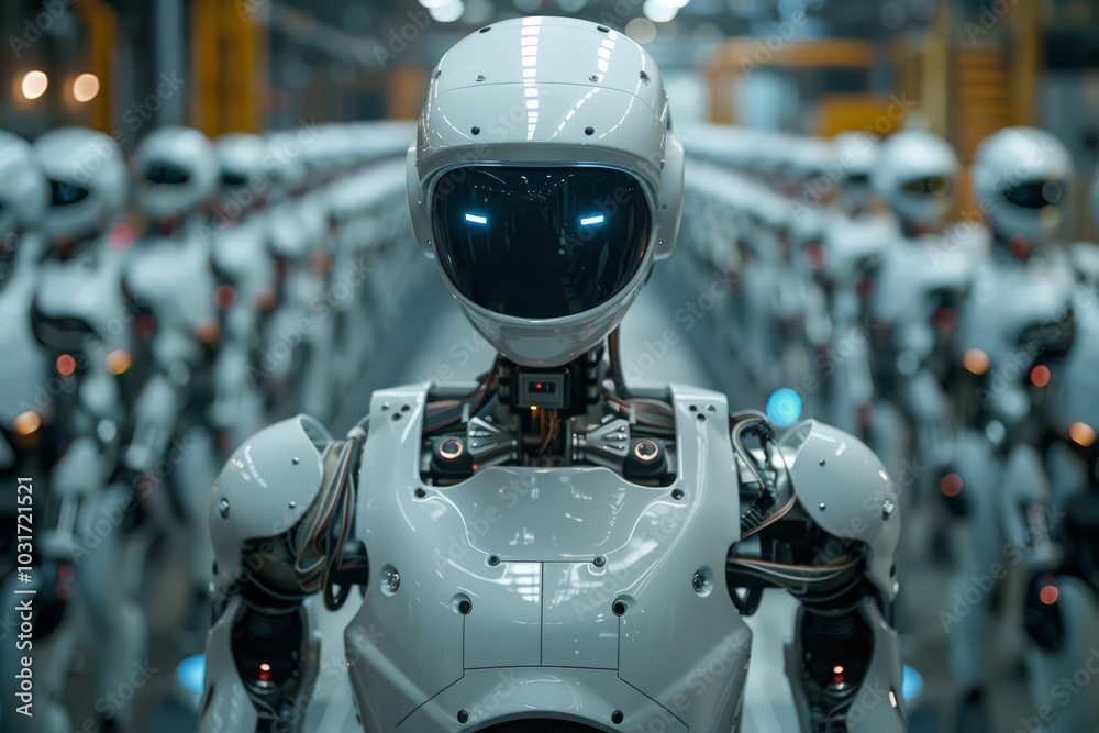 Robots lined up in a factory setting showcasing advanced technology and automation in the modern manufacturing process Robots lined up in a factory setting showcasing advanced technology and automation in the modern manufacturing process
