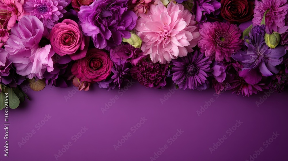 An array of rich pink and purple flowers rests on a deep violet backdrop, merging a romantic atmosphere with vibrant tones for a stunning visual effect.