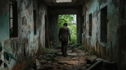 A dead man walks down a long, narrow hallway with a green wall