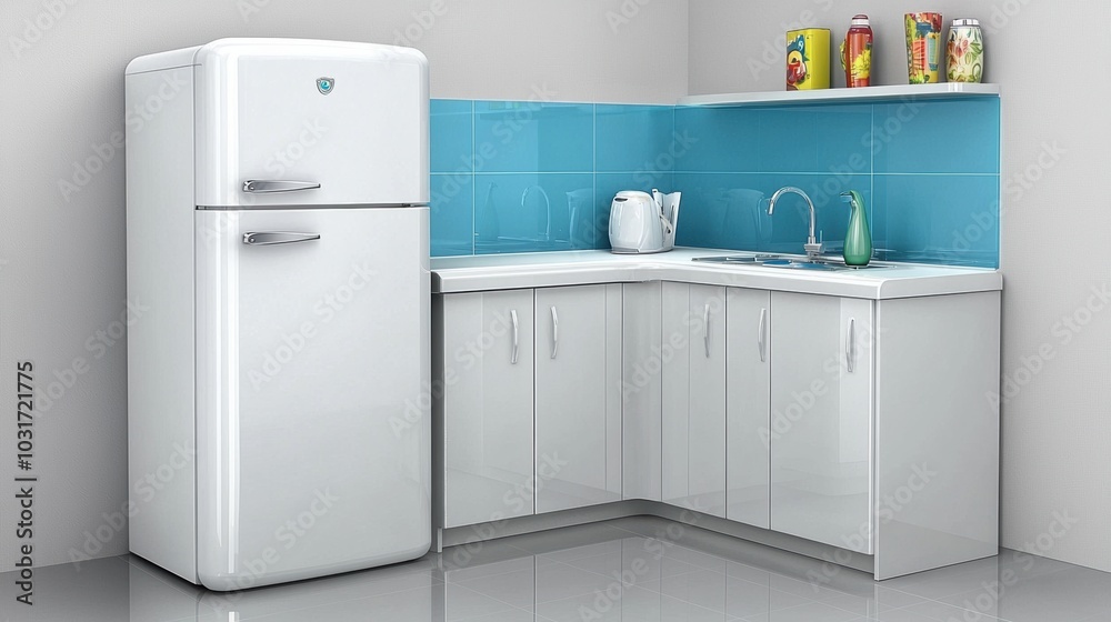 Bright and Minimalist Kitchen Interior with Refrigerator and Sink Bright and Minimalist Kitchen Interior with Refrigerator and Sink
