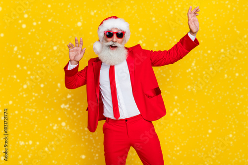 Portrait of positive funky granddad dancing newyear occasion entertainment isolated on yellow color background