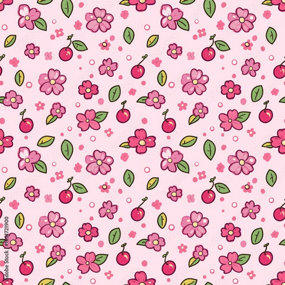 Seamless pattern between cherries and leaves Seamless pattern between cherries and leaves