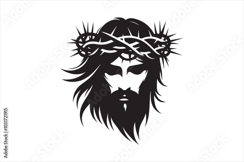 Minimalist Black Silhouette of Jesus Christ with Crown of Thorns  Clean Line Art 26.eps photo