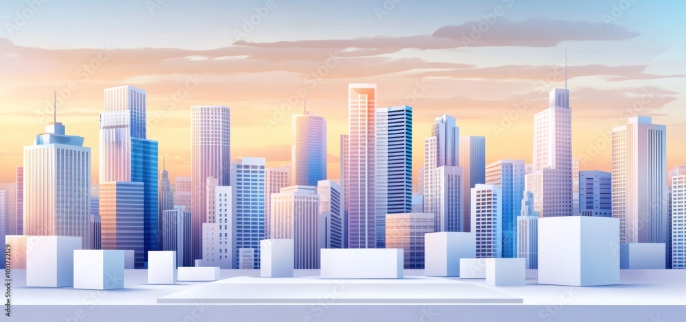 Fototapeta premium A digital illustration of a modern city skyline at sunset, showcasing skyscrapers and buildings.