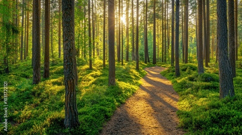 Serene forest path illuminated by sunlight, inviting exploration and tranquility.