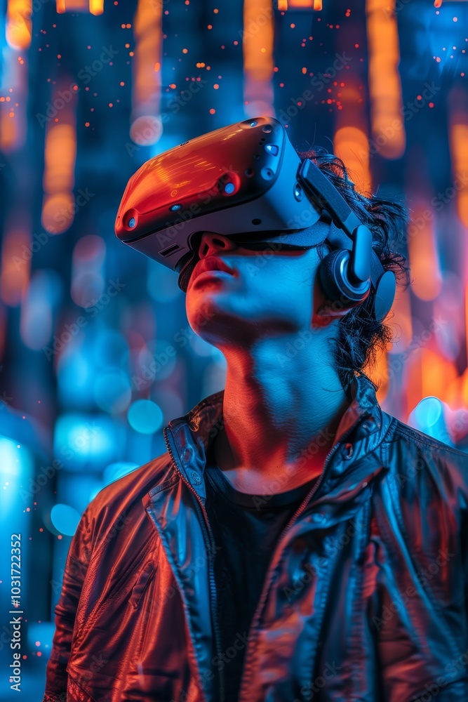 Person wearing virtual reality headset experiences immersive technology in a vibrant, illuminated urban environment at night Person wearing virtual reality headset experiences immersive technology in a vibrant, illuminated urban environment at night