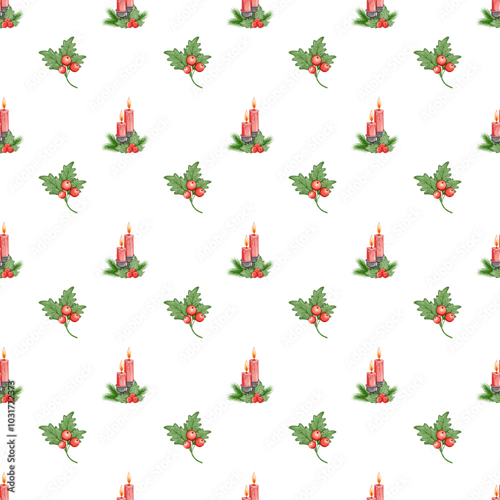 Watercolor Christmas seamless pattern. Christmas candle seamless pattern. Watercolor Christmas seamless pattern. Christmas candle seamless pattern.