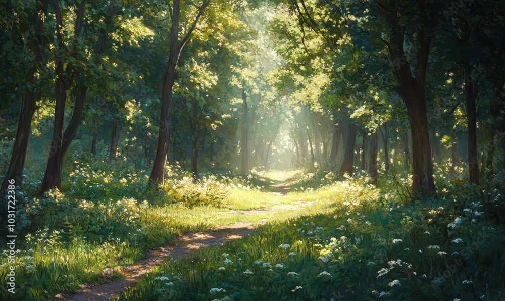 Sunbeams illuminate a forest path. Sunbeams illuminate a forest path.