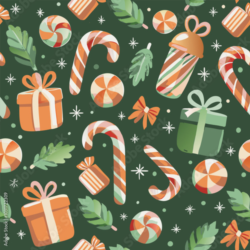 pastel christmas ornaments, snow, candy cane, presents, green background, vector seamless pattern photo