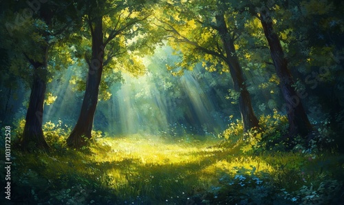 Sunlight streams through lush green forest.