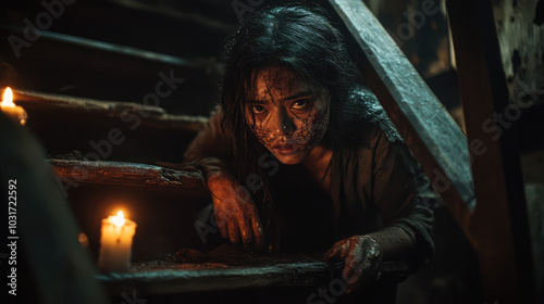 A woman with a scary face is in a dark room with candles